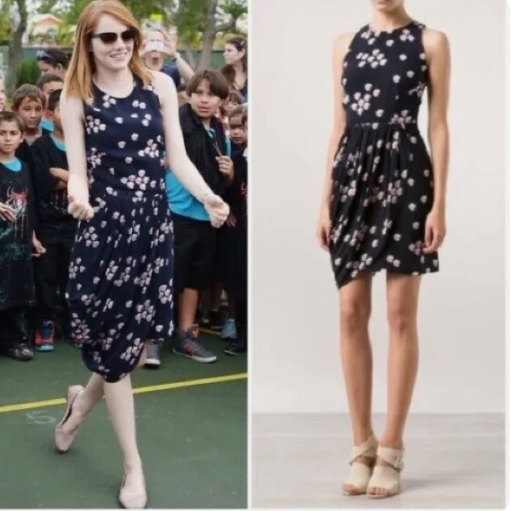A.L.C. Dress 6 Navy Blue/Pink Eva Floral Silk Printed Draped Asymmetrical